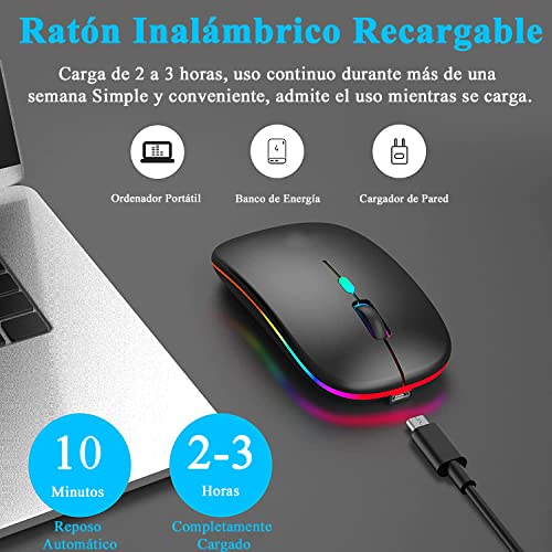 LED Mouse Inalámbrico Recargable, Fotgear Ratón Wireless 2.4G Ergonómico Wireless Ratón óptico Silencioso Click, con Receptor USB Adaptador, Ideal para Ordenadores portátiles, PCs, Otros Dispositivos Inteligentes