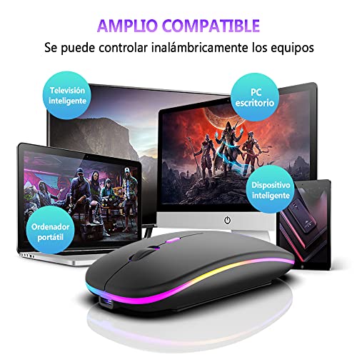 EASYTAO Mouse Inalámbrico, Mouse Bluetooth/Wireless2.4GHz Modos Dual Recargable con Iluminación RGB, Click Silencioso con Receptor USB 3 Ajustable DPI Ratón Para Computadora, Portátil, PC, Mac (Negro)