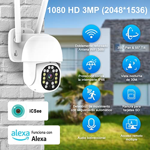 EASYTAO C03 Cámara de Seguridad Exterior Wifi 3MP, ICsee APP, Pan&Tilt 360 Grados, Mini PTZ Cámara Exterior con Visión Nocturna con Audio Bidireccional, Detección de Movimiento con Alerta, Compatible con Alexa
