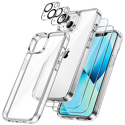 JETech 3 en 1 Funda para iPhone 13 6,1 Pulgadas con 2 Protector Pantalla y 2 Protector Lente Cámara, Anti-Amarillo, Mica Cristal Vidrio Templado Cobertura Completa, Carcasa Antigolpes (Transparente)
