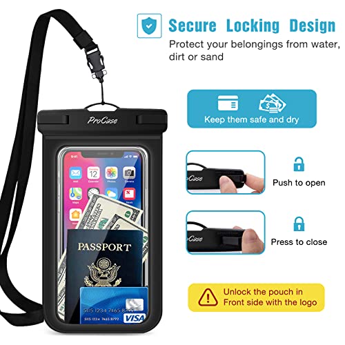 Procase 2 Fundas Impermeables para Celular, Bolsa contra Agua Compatible con iPhone 14 13 Pro MAX 12 Mini SE X XS 8 7 Plus 6S 6 Galaxy S20 S10 S9 S8+ Note 5 4 3 Otro Smartphone hasta 7" -Negro