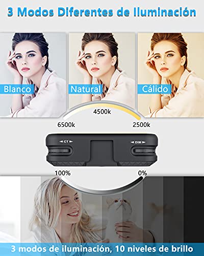 ZZCP Aro de Luz con Tripie, Anillo de Luz con 3 Modos de Iluminación y 10 Brillo Ajustable, Luz de Relleno Portatil 2500K-6500K Regulable con Clip, Adecuada para Tik Tok, Fotografia, Video, Celular