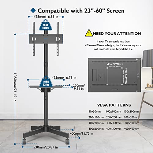 BONTEC Soporte TV Ruedas para TV de 23 a 60 Pulgadas de Plasma/LCD/LED/OLED, Soporte TV Pie con Estante para Portátil, Soporte TV Móvil con Altura Ajustable de hasta 25 kg, Máx VESA 400x400 mm