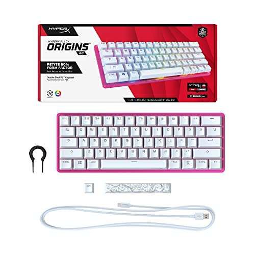 HyperX Alloy Origins 60 - Teclado mecánico para juegos - Factor de forma ultra compacto del 60% - Interruptor rojo lineal - Teclas PBT de doble disparo - Retroiluminación LED RGB - Compatible con software NGENUITY - Rosa (reacondicionado)