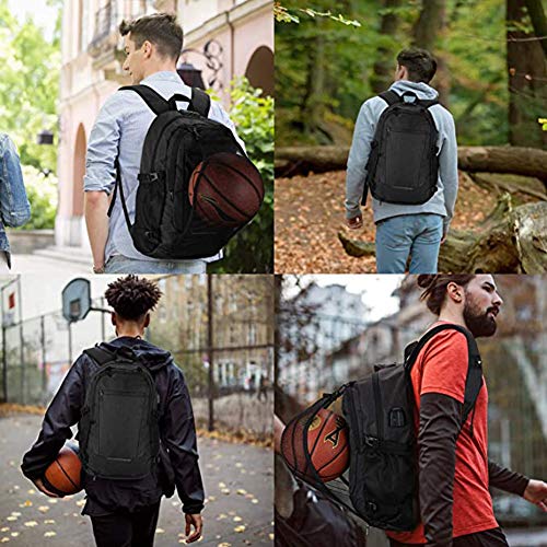 Mochila antirrobo, Unisex Mochila impermeable con puerto de carga USB Interfaz para auriculares y bloqueo con contraseña con la red de baloncesto, Mochila para Portátil de 12-15.6 Pulgadas(Negro)