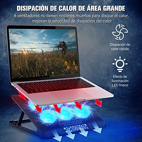 TECHVIDA Enfriador para Laptop de Juegos, Seis Ventiladores Silenciosos y Pantalla LCD,Viento de Gran Velocidad, Interruptor Independiente para Ajustar la Velocidad del Viento, 1200rpm, Ajuste de Altura de Varias Etapas, Ligero, Antideslizante y Cómodo, D