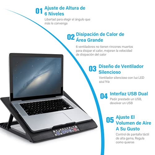 TECHVIDA Enfriador para Laptop de Juegos, Seis Ventiladores Silenciosos y Pantalla LCD,Viento de Gran Velocidad, Interruptor Independiente para Ajustar la Velocidad del Viento, 1200rpm, Ajuste de Altura de Varias Etapas, Ligero, Antideslizante y Cómodo, D