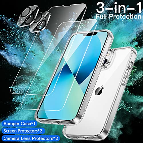 JETech 3 en 1 Funda para iPhone 13 6,1 Pulgadas con 2 Protector Pantalla y 2 Protector Lente Cámara, Anti-Amarillo, Mica Cristal Vidrio Templado Cobertura Completa, Carcasa Antigolpes (Transparente)