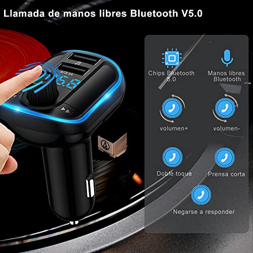 Transmisor FM Bluetooth para coche, adaptador de radio inalámbrico  Bluetooth 5.0 Kit de coche con llamadas manos libres 2 puertos USB  compatible con