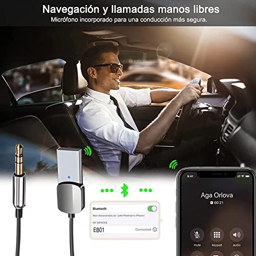 Adaptador Bluetooth Auto, Bluetooth 5.0 Adaptador para Coche, 3.5mm AUX y USB Receptor Bluetooth para Coche, Para Automóvil con Micrófono Incorporado y un cable elástico TPE premium de 0.3M-1.5M