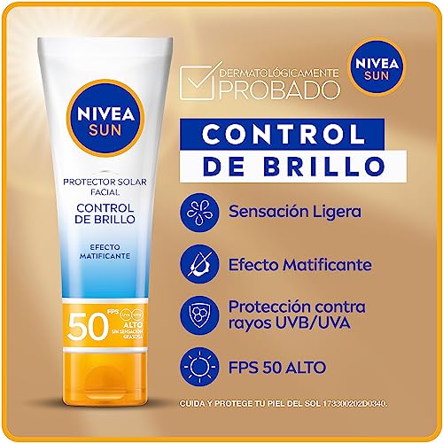 NIVEA SUN Protector Solar Facial Control De Brillo (50 ml), con Efecto Matificante de Larga Duración, Bloqueador solar FPS 50+, no Grasoso para Todo Tipo de Piel