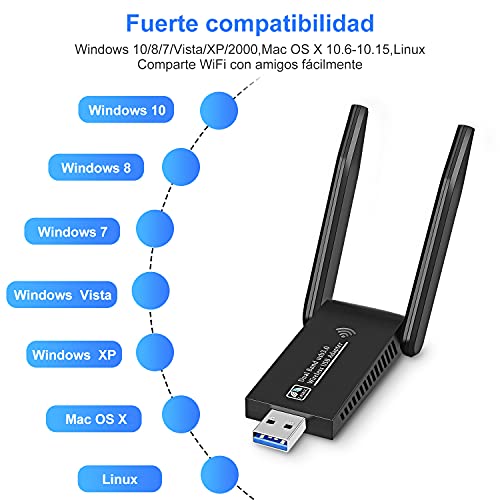 ODLICNO Adaptador WiFi USB, AC 1300Mbps 5dbi WiFi Receptor 802.11 Dong