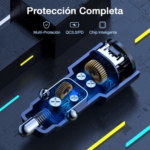 1 Hora Cargador Auto Carga Rapida 38W, Cargador Carro Tipo C PD 20W y QC 3.0 18W con Cable USB C a USB C 3A Compatible con iPhone 14/13/12 Pro MAX XR Samsung Galaxy S23 S22 S21 Motorola Xiaomi