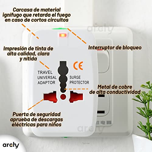 Archy Convertidor Adaptador de Enchufe Europeo Cargador Internacional para Viajes Enchufe Adaptador Universal Todo en Uno Múltiples Conexiones Europeo Japon China Canadá USA EU UK AU XO8101