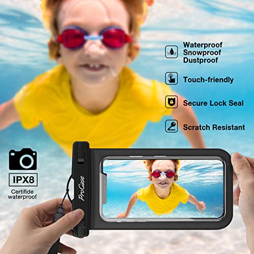 Procase 2 Fundas Impermeables para Celular, Bolsa contra Agua Compatible con iPhone 14 13 Pro MAX 12 Mini SE X XS 8 7 Plus 6S 6 Galaxy S20 S10 S9 S8+ Note 5 4 3 Otro Smartphone hasta 7" -Negro