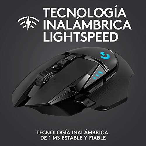 Logitech G502 LIGHTSPEED Mouse Gaming Inalámbrico, HERO 25K, 25,600 DPI, RGB, Peso Reducido, 11 Botones Programables, Batería Larga Duración, POWERPLAY-compatibile, PC, Negro