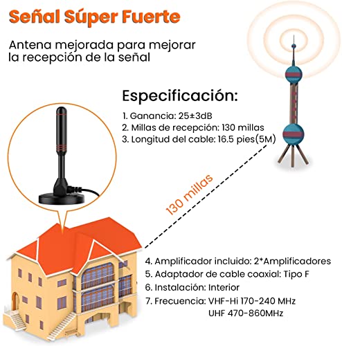 Antena de TV Digital - Antena de HDTV Interior con 2 Amplificador de señal Inteligente - Smart Antena de TV Digital para Interiores Canales de TV 1080P 4K Gratuitos - Cable Coaxial Premium de 16ft