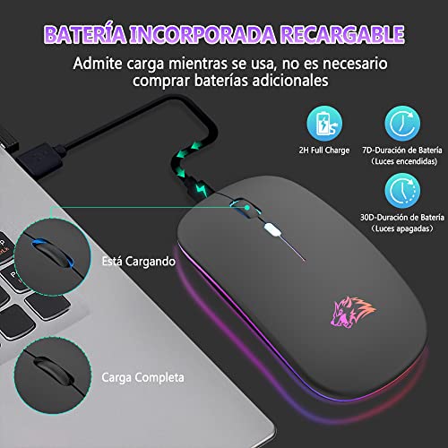 EASYTAO Mouse Inalámbrico, Mouse Bluetooth/Wireless2.4GHz Modos Dual Recargable con Iluminación RGB, Click Silencioso con Receptor USB 3 Ajustable DPI Ratón Para Computadora, Portátil, PC, Mac (Negro)