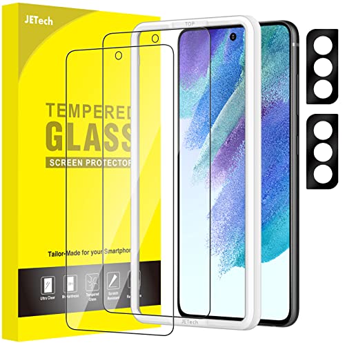 JETech Protector Pantalla para Samsung Galaxy S21 FE 5G y Protector de Lente Cámara, Marco de Instalación, Mica Cristal Vidrio Templado, Compatible Huellas Dactilares ID, 2 Paquetes Cada Uno
