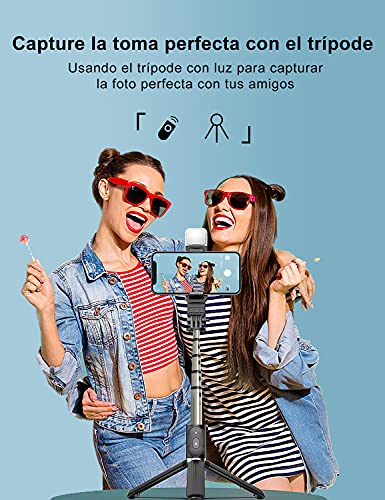 KAMYSEN Palo Selfie Trípode con Luz de ajustable，Luz de ajustable para selfie con trípode，soporte para teléfono y mando a distancia Bluetooth，Luz selfie portátil al aire libre,360°Rotación Extensible Selfie Stick Inalámbrico Palo Selfie Trípode，para M