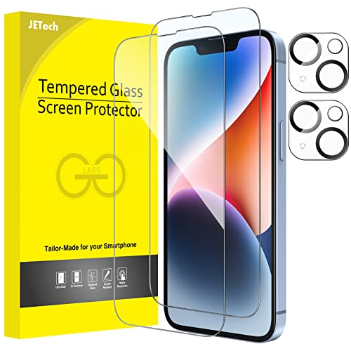 JETech Protector de Pantalla Cobertura Completo para iPhone 14 6,1 Pulgadas y Protector Lente Cámara, Mica Cristal Vidrio Templado, HD Transparente, 2 Paquetes Cada Uno