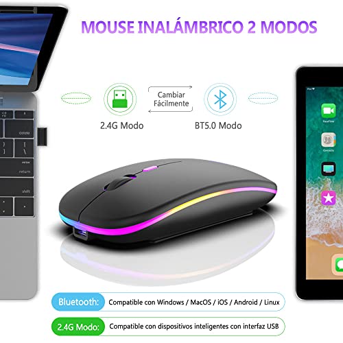 EASYTAO Mouse Inalámbrico, Mouse Bluetooth/Wireless2.4GHz Modos Dual Recargable con Iluminación RGB, Click Silencioso con Receptor USB 3 Ajustable DPI Ratón Para Computadora, Portátil, PC, Mac (Negro)