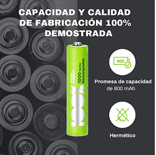 100%PeakPower 4 x Pilas Recargables AAA 1000 Series | Capacidad mínima Garantizada 800 mAh NiMH | Pilas AAA Recargables Que Vienen precargadas Listas para Usar | Bajo Nivel de autodescarga