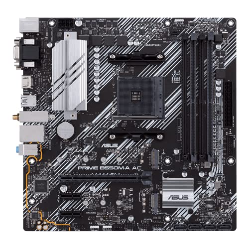 Asus Motherboard AMD B550, Prime B550M-A AC, AM4 mATX con PCIe 4.0, dual M.2, WiFi, HDMI, D-Sub, DVI, SATA 6 Gbps, puertos USB 3.2 Gen 2 e iluminación Aura Sync RGB