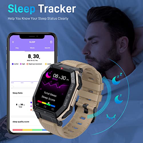 Bassizo Reloj Inteligente para Hombre (contestar/Hacer Llamadas), Reloj Deportivo táctico Militar, Reloj Inteligente con Monitor de frecuencia cardíaca, presión Arterial,