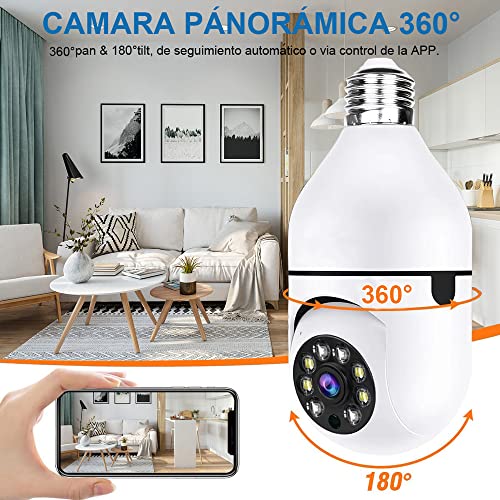 Cámara de seguridad con bombilla WiFi 1080P, cámara de seguridad de 360  grados inalámbrica para exteriores, cámaras de seguridad interiores para