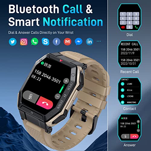 Bassizo Reloj Inteligente para Hombre (contestar/Hacer Llamadas), Reloj Deportivo táctico Militar, Reloj Inteligente con Monitor de frecuencia cardíaca, presión Arterial,