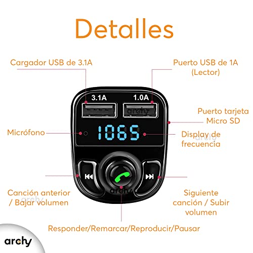 Archy Receptor Transmisor Bluetooth para Carro FM 3.1A Coche Auto Manos Libres Radio Reproductor Música MP3 Entrada USB Memoria Micro SD (BTX8)