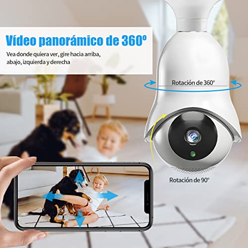 Cámara de seguridad con bombilla, cámara de visión nocturna inteligente HD  inalámbrica 1080P, cámara de vigilancia con bombilla panorámica de 360