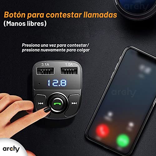 Archy Receptor Transmisor Bluetooth para Carro FM 3.1A Coche Auto Manos Libres Radio Reproductor Música MP3 Entrada USB Memoria Micro SD (BTX8)