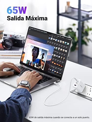 UGREEN 65W Cargador USB C con 3 Puertos, Cargador Carga Rapida Plegable Compatible with MacBook Pro/Air, iPhone 14/14 Pro MAX/iPhone 13/Pro MAX, DELL XPS 13, Steam Deck, Galaxy S22/S21, iPad Pro