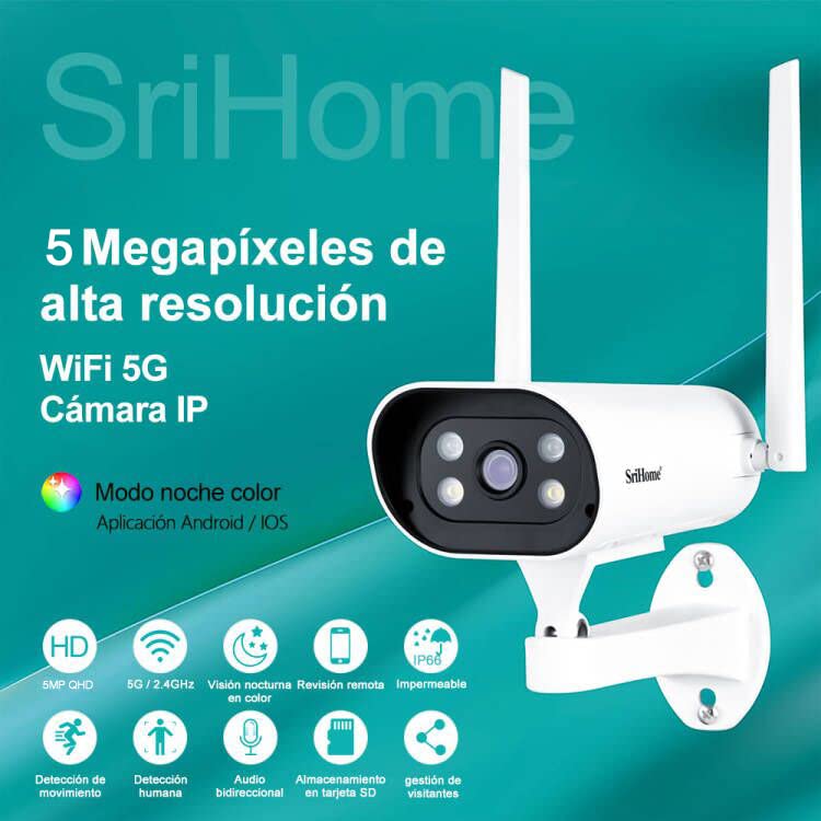 Cámara de Seguridad Exteriores 5MP Camara Bala de Vigilancia WiFi Inalambrica, Impermeable IP66, Visión Nocturna A Color, Audio Bidireccional, Detección de Movimiento, Alarma Instantánea, Monitoreo Casa Inteligente Control Remoto en Android/iOS, Admite Ta