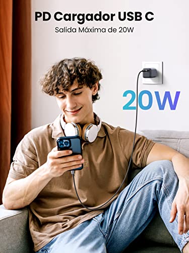UGREEN 20W GAN Mini Cargador USB C Portátil, Carga Rapida PD Cargador Tipo C para iPhone, Cargador Rápido Compatible con iPhone 14 13 Pro Max/12 11Pro/X, Galaxy S10+/10/9/Fold, iPad Pro,Xiaomi,Huawei