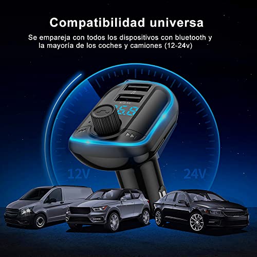 Transmisor FM Bluetooth para Coche,Manos Libres Inalámbrico Reproductor MP3  Coche,Subwoofer de un solo toque, Adaptador Radio Bluetooth con Dual USB