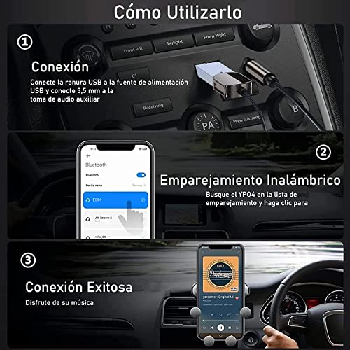 Adaptador Bluetooth Auto, Bluetooth 5.0 Adaptador para Coche, 3.5mm AUX y USB Receptor Bluetooth para Coche, Para Automóvil con Micrófono Incorporado y un cable elástico TPE premium de 0.3M-1.5M