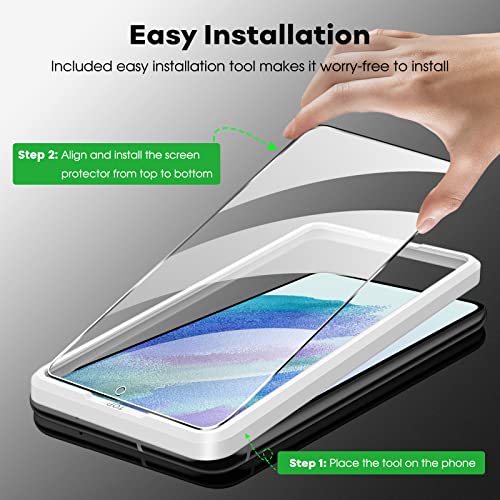 JETech Protector Pantalla para Samsung Galaxy S21 FE 5G y Protector de Lente Cámara, Marco de Instalación, Mica Cristal Vidrio Templado, Compatible Huellas Dactilares ID, 2 Paquetes Cada Uno
