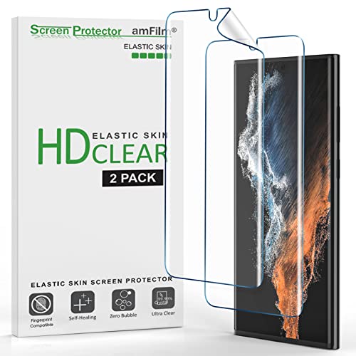 (2 Piezas) amFilm Piel Elástica Protector de Pantalla para Samsung Galaxy S22 Ultra 5G de 6,8 Pulgadas, Compatible con Identificación de Huellas Dactilares, con Herramienta de Alineación de Fácil Instalación y Vídeo, HD Transparente, Película de TPU Cober