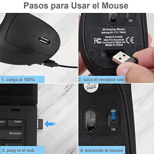 Mouse Inalámbrico Ergonómico Recargable, Mouse Vertical Óptico de 2.4Ghz con 3 DPIs Ajustables, Diseño de 6 Botones con Receptor USB, Compatible con Sistema Windows y Mac