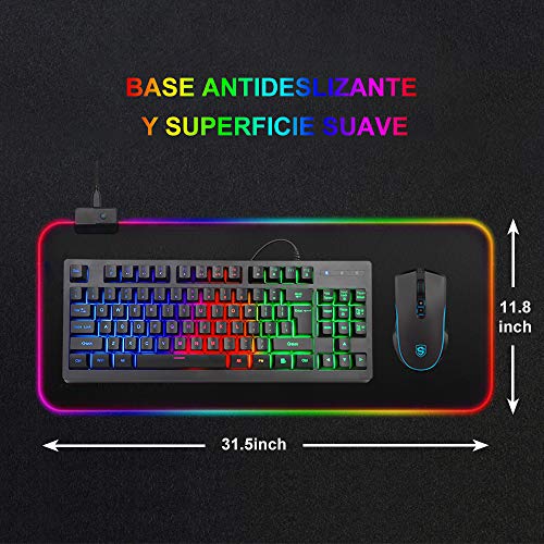 E T EASYTAO RGB Gaming Mousepad de Escritorio, Alfombrilla con Luz Led para Teclado y Ratón, Goma Impermeable con Base Antideslizante, 14 Luces Circulables, Tamaño de 300x800x4mm