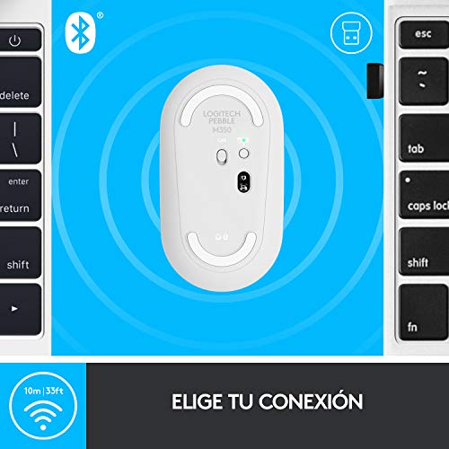 Logitech M350 Pebble, Mouse inalámbrico con Bluetooth o receptor USB de 2,4 GHz, Silencioso y Minimalista, con clic silencioso para Laptop, iPad, PC y Mac - Blanco