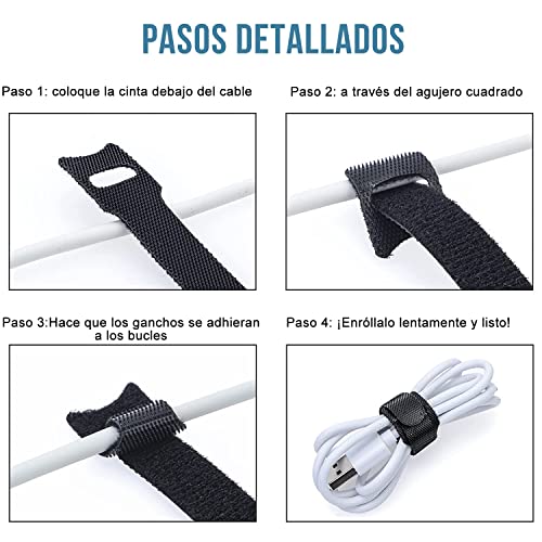 Ataduras de Cables Reutilizables - Bridas para Cables Organizador Cables Ties de Correas con Gancho y Bucle de Cuerda para la Gestión de Cables y Organización de Escritorio u Oficina (200*12MM,50 Pack)