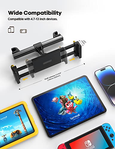 Lamicall Soporte Tablet Auto : Soporte de iPad Reposacabezas de Coche para 4.7"-12.9" Inch , Tales como iPad Pro 9.7, 10.5, 11, 12.9, Air, Mini 2, 3, 4, iPhone 12 11 Pro XS X, Tab, E-reader, Celular y Tablets - Negro