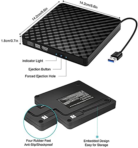 Grabadora CD/DVD Lector Portátil, Grabadora CD/DVD Externa USB 3.0, Unidad Óptica Externa de CD/DVD-RW CD Player Grabadora Ultra Slim Portátil Compatible con Windows 98/7/8/10/XP/Vista Linux Mac OS
