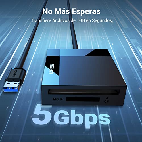 UGREEN 4 en 1 USB 3.0 Lector de Tarjeta de Memoria Múltiple 5Gbps Velocidad, Soporta Tarjetas de Memoria TF SD SDXC SDHC MMC CFI CFII Ultra II CF Extreme CF MS, Transmisión de Datos Entre Cuatro