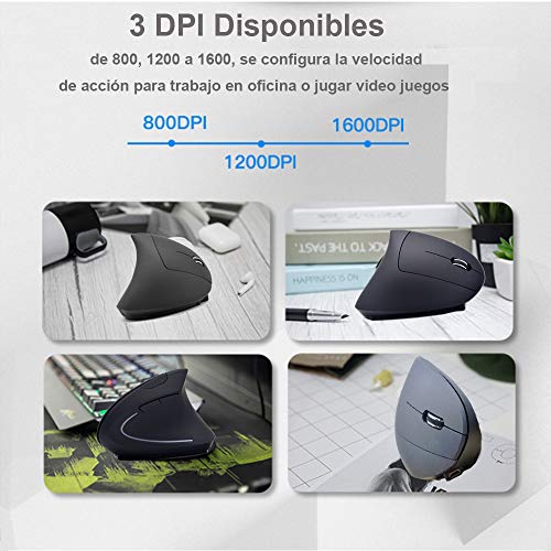 Mouse Inalámbrico Ergonómico Recargable, Mouse Vertical Óptico de 2.4Ghz con 3 DPIs Ajustables, Diseño de 6 Botones con Receptor USB, Compatible con Sistema Windows y Mac