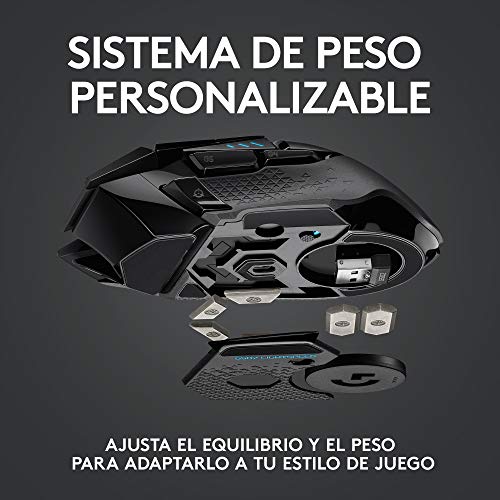 Logitech G502 LIGHTSPEED Mouse Gaming Inalámbrico, HERO 25K, 25,600 DPI, RGB, Peso Reducido, 11 Botones Programables, Batería Larga Duración, POWERPLAY-compatibile, PC, Negro